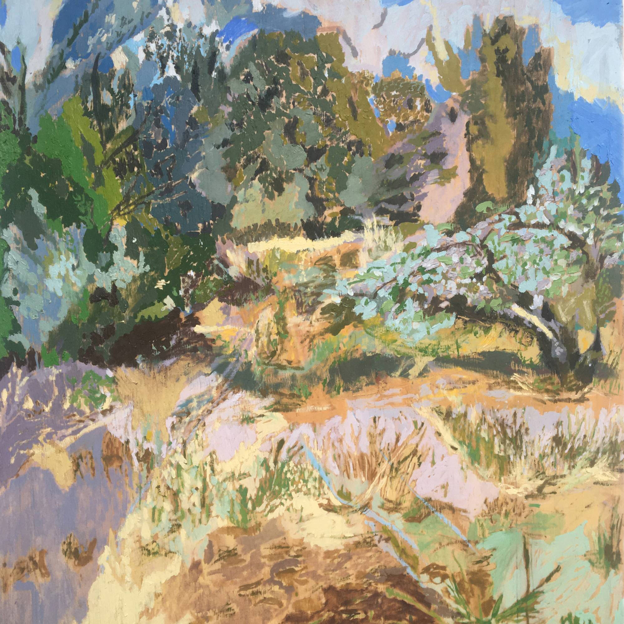 Abstract painted landscape with trees and tan colored ground.